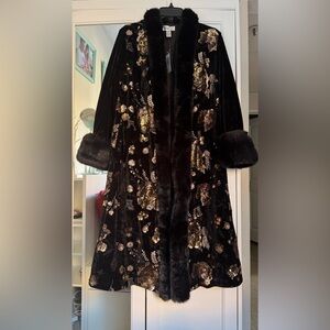 Velvet Coat with Sequin Embroidery faux fur trim on the collar and cuffs new